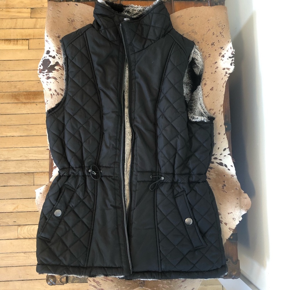 Reversible black faux fur vest
